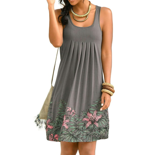 Women Summer O-Neck Print Casual Sleeveless High Waist Pleated Loose Beach Dress Vest Knee-Length Short Dress